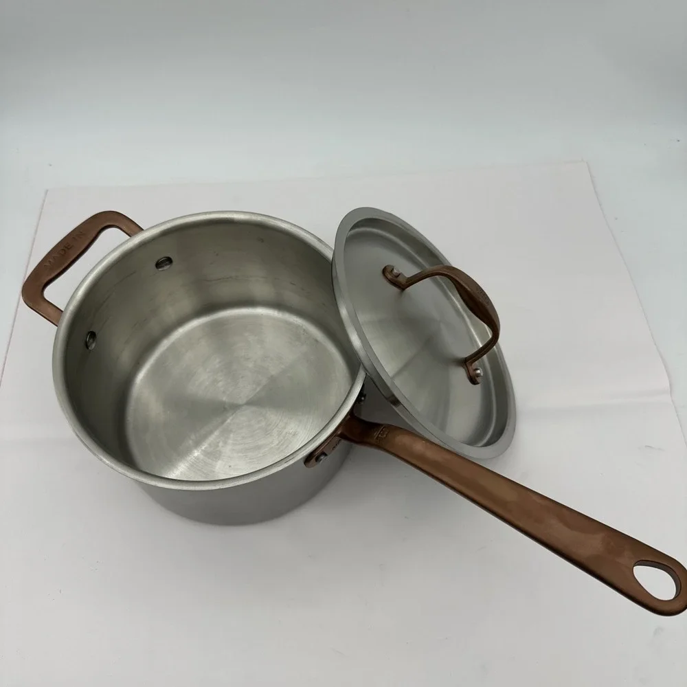 Made-In Cookware Italy 4 qt Stainless Saucepan Brushed Copper Handle W/Lid NEW